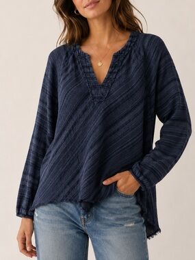 Xirena Revolve Medium Blue Stripe Cotton Blend Boho Tunic Blouse Raw Hem